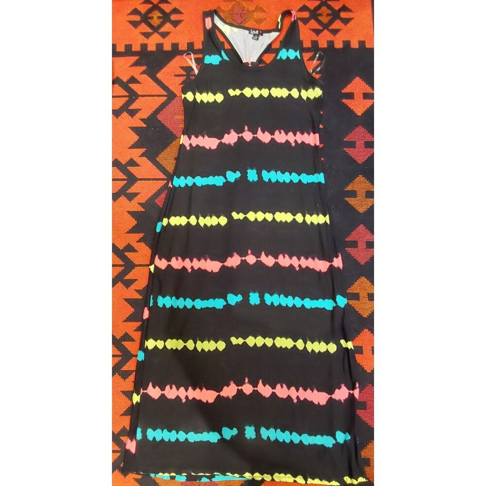 NWOT Love Brand Women's Black Maxi Dress Fluorescent Tie Dye Stripes. Size XL